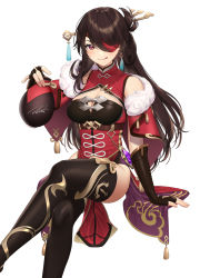 Rule 34 | 1girl, absurdres, beidou (genshin impact), black thighhighs, breasts, bridal gauntlets, brown hair, chinese clothes, cleavage, coattails, crossed legs, drink, eyepatch, feet out of frame, genshin impact, gold trim, gourd, hair ornament, hair stick, half updo, highres, holding, holding drink, large breasts, long hair, looking at viewer, pelvic curtain, puchiman, red eyes, shrug (clothing), signature, simple background, sitting, solo, tassel, thighhighs, thighlet, thighs, tongue, tongue out, very long hair, vision (genshin impact), white background