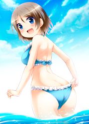 Rule 34 | 10s, 1girl, adjusting clothes, adjusting swimsuit, ass, bikini, blue bikini, blue eyes, butt crack, frilled bikini, frills, from behind, grey hair, looking at viewer, love live!, love live! sunshine!!, open mouth, short hair, solo, swimsuit, tekehiro, wading, watanabe you