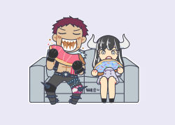 Rule 34 | 1boy, 1girl, absurdres, black hair, charlotte katakuri, chibi, couch, curled horns, doughnut, dress, eating, food, highres, horns, long hair, one piece, oversized food, oversized object, short dress, simple background, sitting, ulti (one piece)