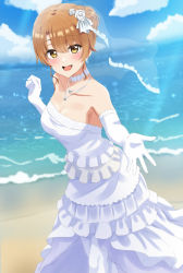 Rule 34 | 1girl, :d, beach, blue sky, blush, breasts, bridal veil, brown hair, cleavage, cloud, collarbone, dars (recolors), dress, elbow gloves, gloves, highres, isshiki iroha, jewelry, looking at viewer, medium breasts, medium hair, necklace, ocean, open mouth, outdoors, outstretched arm, sky, smile, solo, teeth, upper teeth only, veil, wedding, wedding dress, white dress, white gloves, yahari ore no seishun lovecome wa machigatteiru., yellow eyes
