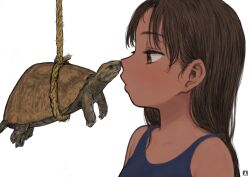 Rule 34 | 1girl, animal, blue one-piece swimsuit, brown eyes, close-up, commentary, dark-skinned female, dark skin, long hair, looking at another, noses touching, omodaka (nitera1041), one-piece swimsuit, original, rope, simple background, suspension, swimsuit, symbol-only commentary, turtle, white background