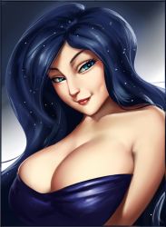 Rule 34 | 1girl, bare shoulders, blue eyes, blue hair, breasts, cleavage, dimples, huge breasts, lips, long hair, looking at viewer, luna (my little pony), lvl (sentrythe2310), matching hair/eyes, my little pony, my little pony: friendship is magic, personification, smile, solo