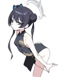 Rule 34 | 1girl, arched back, bare shoulders, black dress, black hair, black panties, blue archive, butterfly hair ornament, china dress, chinese clothes, cowboy shot, double bun, dragon print, dress, expressionless, grey eyes, hair bun, hair ornament, halo, highres, kisaki (blue archive), light blush, long hair, looking at viewer, panties, panty pull, pelvic curtain, print dress, pulled by self, short dress, side slit, simple background, sleeveless, sleeveless dress, solo, twintails, underwear, white background, yaritoo