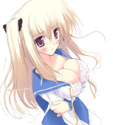 Rule 34 | 1girl, :/, blonde hair, blush, bra, bra-ban!, breast hold, breasts, cleavage, closed mouth, from side, hair between eyes, hibarigaoka yuki, holding own arm, lace, lace-trimmed bra, lace trim, large breasts, lingerie, long hair, long sleeves, looking at viewer, mole, mole under eye, open clothes, open shirt, purple eyes, ribbon, school uniform, serafuku, shirt, sidelocks, sketch, skirt, solo, tsurusaki takahiro, two side up, underwear, untied, upper body, white bra, white hair
