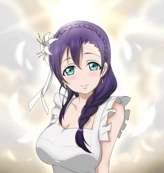 Rule 34 | 10s, 1girl, alternate hairstyle, apron, aqua eyes, bad id, bad pixiv id, blush, braid, earrings, feathers, flower, hair flower, hair ornament, hair over shoulder, jewelry, long hair, looking at viewer, love live!, love live! school idol project, naked apron, single braid, smile, solo, tojo nozomi, upper body, wkdnlwoddl
