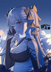 Rule 34 | 1girl, absurdres, azur lane, bare shoulders, between breasts, black dress, black ribbon, breasts, cleavage, clothing cutout, dress, feather dress, formidable (azur lane), frilled dress, frills, from side, grey hair, highres, large breasts, long hair, looking at viewer, looking to the side, red eyes, ribbon, shoulder cutout, solo, twintails, two-tone dress, two-tone ribbon, upper body, very long hair, white ribbon, xizi1111