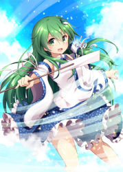 Rule 34 | 1girl, :d, blue skirt, blue sky, blush, cloud, commentary request, day, detached sleeves, frilled skirt, frills, frog hair ornament, gohei, green eyes, green hair, hair between eyes, hair ornament, hair tubes, kochiya sanae, long hair, looking at viewer, miniskirt, nogisaka kushio, oonusa, open mouth, outstretched arm, skirt, sky, smile, snake hair ornament, solo, star (symbol), star in eye, symbol in eye, touhou, very long hair, wide sleeves, wind