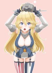 Rule 34 | 1girl, ahoge, american flag legwear, black gloves, blonde hair, blue eyes, blush, breasts, cleavage, fingerless gloves, garter straps, gloves, highres, iowa (kancolle), kantai collection, large breasts, looking up, miniskirt, open mouth, pink background, skirt, solo, star-shaped pupils, star (symbol), symbol-shaped pupils, t2r, thighhighs, thighs