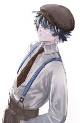 Rule 34 | 1boy, absurdres, black hair, brown hat, brown necktie, brown pants, cabbie hat, charlemagne (fate), collared shirt, fate/grand order, fate (series), grin, hands in pockets, hat, highres, long sleeves, looking at viewer, male focus, multicolored hair, necktie, official alternate costume, pants, shirt, shitodo mi, short hair, simple background, smile, solo, suspenders, two-tone hair, upper body, white background, white hair, white shirt