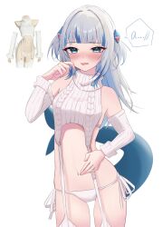 Rule 34 | 1girl, a (phrase), blue eyes, blue hair, blunt bangs, blush, breasts, detached sleeves, fins, fish tail, gawr gura, grey sweater, hair ornament, hand on own stomach, highres, hololive, hololive english, looking at viewer, medium hair, meme attire, multicolored hair, open mouth, panties, shark girl, shark hair ornament, shark tail, shina eno3, side-tie panties, sidelocks, small breasts, streaked hair, sweater, tail, thighhighs, two side up, underwear, virgin destroyer sweater, virtual youtuber, white panties, white sleeves, white thighhighs