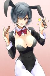 Rule 34 | 1girl, animal ears, black hair, black leotard, blazer, bow, bowtie, breasts, brown eyes, cigar, cleavage, detached collar, fake animal ears, highres, jacket, large breasts, leotard, looking at viewer, one eye closed, open mouth, original, pantyhose, playboy bunny, rabbit ears, rabbit tail, red bow, red bowtie, short hair, smile, solo, strapless, strapless leotard, tail, west potato, white pantyhose, wrist cuffs