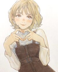 Rule 34 | 1girl, blouse, blush, brown eyes, brown overalls, buttons, closed mouth, commentary, heart, heart hands, highres, light blush, lips, long sleeves, looking up, matsunoha, nose blush, original, overalls, shirt, short hair, simple background, smile, solo, upper body, white background, white shirt
