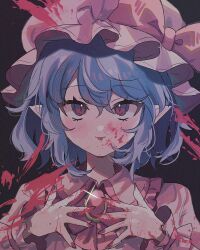 Rule 34 | 1girl, blood, blood on face, blood on hands, blue hair, blush, brooch, collared shirt, fingernails, frilled shirt collar, frills, haruwaka 064, hat, highres, jewelry, looking at viewer, mob cap, nail polish, pink hat, pink shirt, pointy ears, red eyes, red nails, remilia scarlet, shirt, short hair, short sleeves, solo, tongue, tongue out, touhou, upper body, wrist cuffs
