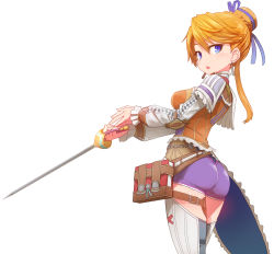 Rule 34 | 1girl, ass, blonde hair, blue eyes, blush, book, breasts, brown jacket, commentary request, cowboy shot, falcom, from behind, hair between eyes, hair bun, highres, holding, holding sword, holding weapon, jacket, laxia (ys), leg belt, lipstick, long hair, long sleeves, looking at viewer, looking back, makeup, medium breasts, parted lips, purple shorts, rapier, short shorts, shorts, simple background, single hair bun, sleeveless, sleeveless jacket, solo, standing, sumiyao (amam), sword, thighhighs, weapon, white background, ys, ys viii lacrimosa of dana