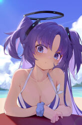 Rule 34 | 1girl, :t, absurdres, beach, bikini, blue archive, blue bikini, blue scrunchie, blush, breasts, chinese commentary, cleavage, closed mouth, cloud, cloudy sky, collarbone, day, halo, highres, large breasts, long hair, looking at viewer, mechanical halo, ocean, outdoors, painterliuhao, pout, purple eyes, purple hair, scrunchie, sky, solo, swimsuit, two side up, upper body, white bikini, wrist scrunchie, yuuka (blue archive)