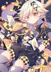 Rule 34 | 1boy, argyle, ascot, blonde hair, bow, bracelet, bug, butterfly, butterfly earrings, card, earrings, epaulettes, frown, gloves, hair bow, hair ribbon, half gloves, high collar, hyou (pixiv3677917), insect, jacket, jewelry, key, kodona, lolita fashion, male focus, multicolored hair, multiple earrings, neck ribbon, original, playing card, pointy ears, polearm, puffy shorts, ribbon, short hair, shorts, sleeve cuffs, solo, spear, streaked hair, suspender shorts, suspenders, thighhighs, two-tone hair, weapon, white hair, yellow eyes