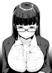 Rule 34 | 1girl, bad id, bad twitter id, breasts, bursting breasts, cleavage, dress shirt, expressionless, female focus, glasses, gradient background, greyscale, huge breasts, jacket, kichihachi, large breasts, messy, monochrome, shirt, solo, suggestive fluid, suit jacket, unbuttoned