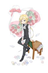 Rule 34 | 1girl, androgynous, aqua eyes, black footwear, black pants, blonde hair, bouquet, briefcase, chair, chris (princess principal), envelope, flower, full body, highres, looking at viewer, official art, pants, ponytail, princess principal, princess principal game of mission, shoes, smile, solo, standing, standing on one leg, transparent background, vest