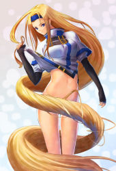 Rule 34 | 1girl, absurdly long hair, arc system works, belt, black gloves, blonde hair, blue eyes, bottomless, breasts, censored, convenient censoring, elbow gloves, fingerless gloves, forehead, gloves, guilty gear, guilty gear x, guilty gear xx, hairband, long hair, millia rage, miraki1016, navel, solo, very long hair