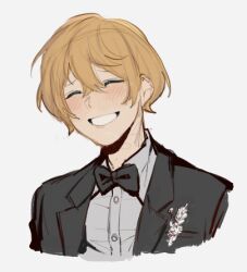 Rule 34 | 1boy, black bow, black bowtie, black jacket, blonde hair, blush, bow, bowtie, closed eyes, happy, jacket, limbus company, lowres, project moon, simple background, sinclair (project moon), smile, solo, teeth, white background, wing collar, zygyzy 031