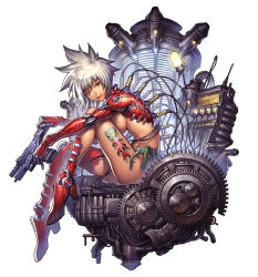 Rule 34 | 1girl, arina nary, belt, breasts, brown eyes, cable, gun, large breasts, original, science fiction, short hair, sideboob, silver hair, sitting, smile, solo, weapon