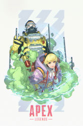 Rule 34 | 1boy, 1girl, animification, apex legends, caustic (apex legends), copyright name, electricity, eyeshadow, gas mask, gloves, goggles, highres, hood, hooded jacket, jacket, japanese clothes, kimono, logo, looking at viewer, makeup, mask, obi, official alternate costume, passimo, pointing, purple crane wattson, purple jacket, purple kimono, red eyeshadow, red gloves, sash, smile, smoke, wattson (apex legends)