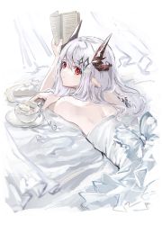 Rule 34 | 1girl, arknights, book, bow, cake, cup, demon horns, dress, ear piercing, expressionless, food, gawako, hair ornament, highres, holding, holding book, horns, looking at viewer, lying, mudrock (arknights), on stomach, piercing, plate, pointy ears, red eyes, solo, teacup, white background, white dress, white hair