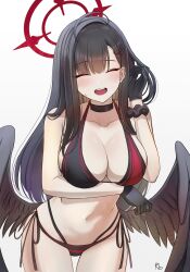Rule 34 | 1girl, ^ ^, alternate costume, arm under breasts, bikini, black choker, black gloves, black hair, black wings, blue archive, blush, breasts, choker, cleavage, closed eyes, collarbone, facing viewer, feathered wings, gangbyeon, gloves, halo, highres, ichika (blue archive), large breasts, navel, simple background, smile, solo, stomach, swimsuit, two-tone bikini, white background, wings
