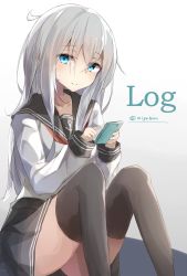 Rule 34 | 10s, 1girl, aqua eyes, bad id, bad pixiv id, black skirt, black thighhighs, cellphone, closed mouth, collarbone, commentary request, gradient background, grey hair, hair between eyes, hibiki (kancolle), highres, holding, holding phone, kantai collection, knees up, long hair, miyabino (miyabi1616), neckerchief, phone, pleated skirt, red neckerchief, school uniform, serafuku, sitting, sketch, skirt, smartphone, smile, solo, thighhighs, twitter username, white background