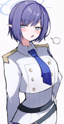 Rule 34 | 1girl, :o, aoi (blue archive), arm at side, blue archive, blue eyes, blue necktie, blush, bob cut, buttons, collared shirt, cowboy shot, double-breasted, gloves, halo, hand on own hip, highres, jacket, looking at viewer, necktie, open mouth, pants, pointy ears, purple hair, shirt, short hair, shoulder boards, sidelocks, simple background, solo, white background, white gloves, white jacket, white pants, yun (kbdenz9)