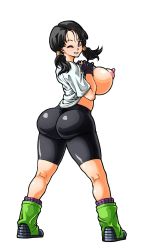 Rule 34 | 1girl, ass, bike shorts, blush, breasts, cameltoe, clothes lift, covered erect nipples, dragon ball, dragonball z, from behind, highres, huge ass, large breasts, looking at viewer, looking back, low twintails, nipples, shiny clothes, shiny skin, shirt, shirt lift, sideboob, twintails, videl, wrato