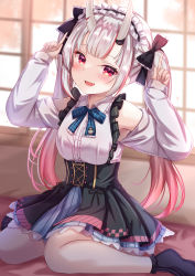 Rule 34 | 1girl, :d, arms up, black bow, black skirt, blue bow, blue bowtie, blush, bow, bowtie, center frills, fangs, frilled shirt, frilled shirt collar, frilled skirt, frills, gradient hair, grey hair, hair bow, high-waist skirt, highres, hololive, horns, index fingers raised, long hair, long sleeves, looking at viewer, multicolored hair, nakiri ayame, nakiri ayame (girly), no shoes, open mouth, pleated skirt, red eyes, red hair, shirt, sitting, skin-covered horns, skirt, smile, socks, solo, twintails, very long hair, virtual youtuber, wariza, white shirt, yuano
