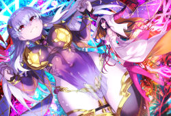 Rule 34 | 2girls, armlet, armor, bare shoulders, bikini armor, bracelet, breasts, collar, dawito, detached sleeves, dress, earrings, fate/extra, fate/extra ccc, fate/grand order, fate (series), floral print, hair ribbon, halo, jewelry, kama (beast iii/l) (fate), kama (fate), kama (second ascension) (fate), large breasts, long hair, looking at viewer, metal collar, multiple girls, pelvic curtain, purple dress, purple legwear, purple sleeves, red eyes, red ribbon, ribbon, ring, sessyoin kiara, silver hair, smile, thighhighs, thighlet, thighs
