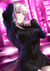 Rule 34 | 1girl, ahoge, arm up, bad id, bad pixiv id, blurry, blurry background, breasts, commentary request, fate (series), fur-trimmed sleeves, fur collar, fur trim, hand up, head tilt, jeanne d&#039;arc (fate), jeanne d&#039;arc alter (fate), jeanne d&#039;arc alter (ver. shinjuku 1999) (fate), juurouta, large breasts, long sleeves, looking at viewer, official alternate costume, pink background, short hair, silver hair, solo, tsurime, yellow eyes