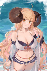 Rule 34 | 1girl, absurdres, ahoge, anila (granblue fantasy), anila (summer) (granblue fantasy), bikini, blonde hair, blunt bangs, breasts, cleavage, curled horns, curvy, detached sleeves, draph, fikkyun, granblue fantasy, highres, horns, large breasts, long hair, looking at viewer, orange eyes, smile, solo, standing, swimsuit, thick eyebrows, thighs, white bikini, white sleeves, wide hips, wide sleeves