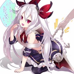 Rule 34 | 1girl, :d, anchor, arm support, azur lane, belt, black dress, black thighhighs, blush, chain, detached sleeves, dress, fang, finger to mouth, full body, hair between eyes, hair ribbon, holding, kneeling, long hair, looking at viewer, low wings, nyori, open mouth, purple eyes, red ribbon, red wings, ribbon, sidelocks, silver hair, smile, solo focus, thighhighs, translation request, twintails, vampire (azur lane), very long hair, white background, white belt, wings