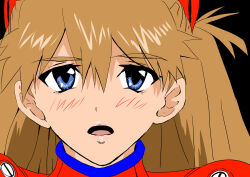 Rule 34 | 1girl, absurdres, blue eyes, blush, bodysuit, brown hair, eywy4324, hair between eyes, hair ornament, highres, incoming gift, lips, long hair, looking at another, looking at viewer, neon genesis evangelion, open mouth, plugsuit, red bodysuit, simple background, skin tight, solo, souryuu asuka langley, two side up
