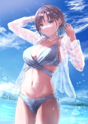 Rule 34 | 1girl, absurdres, ahoge, arms up, asakura toru, bikini, blue bikini, blue eyes, blue hair, blue sky, bracelet, breasts, cleavage, cloud, collarbone, commentary request, cowboy shot, day, earrings, gradient hair, hair ornament, highres, idolmaster, idolmaster shiny colors, jewelry, medium breasts, misaki nonaka, multicolored hair, navel, open clothes, open shirt, outdoors, purple hair, see-through, see-through shirt, shirt, sky, solo, standing, swimsuit, thighs, wet, white shirt, x hair ornament