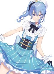 Rule 34 | 1girl, alternate costume, beret, blue eyes, blue hair, bow, corset, dress, frills, gloves, hair bow, hat, highres, hololive, hoshimachi suisei, long hair, side ponytail, simple background, smile, solo, twitter username, virtual youtuber, white background, you06
