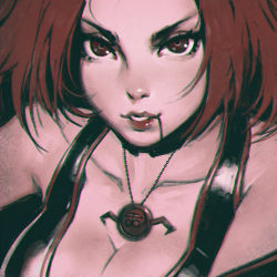 Rule 34 | 1girl, bloodrayne, bloodrayne (videogame), breasts, chromatic aberration, cleavage, dhampir, half-human, ilya kuvshinov, jewelry, large breasts, lips, necklace, parted lips, red hair, solo, undead, upper body, vampire