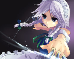 Rule 34 | 1girl, bad id, bad pixiv id, between fingers, blue eyes, bow, braid, bus, female focus, foreshortening, glint, hair bow, holding, izayoi sakuya, knife, kobanzame, light purple hair, maid headdress, motor vehicle, outstretched arms, serious, short hair, silver hair, simple background, solo, spread arms, touhou, twin braids, vehicle