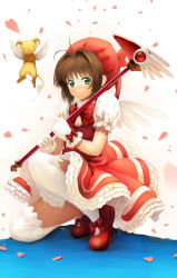 Rule 34 | 1990s (style), 1girl, 4b-enpitsu, bad id, bad pixiv id, blush, bow, brown hair, cardcaptor sakura, dress, fuuin no tsue, gloves, green eyes, hat, highres, kero (cardcaptor sakura), kinomoto sakura, magical girl, petals, pink hat, retro artstyle, short hair, smile, solo, squatting, thighhighs, twintails, wand, white gloves, white thighhighs, wings