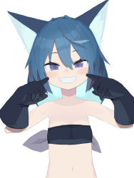 Rule 34 | 1girl, animal ear fluff, animal ears, bandeau, bare shoulders, black bandeau, black gloves, blue hair, blush, collarbone, commentary request, fingers to cheeks, gloves, grin, hair between eyes, hands up, long hair, looking at viewer, navel, original, pappii (paprika shikiso), paprika shikiso, purple eyes, simple background, smile, solo, strapless, upper body, white background