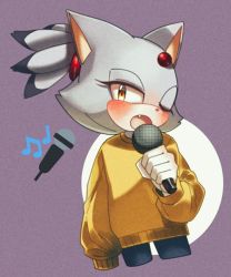 Rule 34 | alternate costume, animal ears, arm at side, beamed eighth notes, blaze the cat, blush, cat ears, cat girl, cat tail, commentary, cropped legs, fang, film grain, flipped hair, forehead jewel, furry, furry female, half-closed eye, holding, holding microphone, long sleeves, looking at viewer, microphone, multicolored hair, music, musical note, one eye closed, open mouth, orange eyes, puffy long sleeves, puffy sleeves, purple background, purple fur, purple hair, quarter note, simple background, singing, slit pupils, solo, sonic (series), sonic rush, standing, sucho, sweater, symbol-only commentary, tail, topknot, two-tone hair, yellow sweater