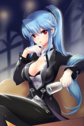 Rule 34 | 1girl, blue hair, breasts, cleavage, cup, formal, gloves, hair up, hand on own chin, large breasts, long hair, lowres, luthica preventer, luticar, open clothes, open shirt, pants, ponytail, red eyes, shirt, sitting, solo, sword girls, tuxedo