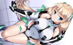 Rule 34 | 1girl, angela balzac, arm guards, armor, armored boots, black gloves, blonde hair, blue eyes, blunt bangs, blush, boots, breasts, closed mouth, covered navel, elbow gloves, eyebrows, from above, gloves, hand in own hair, hand up, headgear, jewelry, knee boots, large breasts, leotard, long hair, looking at viewer, looking up, neck ring, rakuen tsuihou, rotated, sitting, skin tight, smile, solo, thigh gap, thigh strap, tsurime, twinpon, very long hair, white footwear