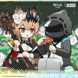 Rule 34 | 1girl, 1other, :d, animal ears, arknights, black eyes, black jacket, black thighhighs, brown hair, cat ears, character request, chibi, copyright name, doctor (arknights), flower, hair between eyes, hair flower, hair ornament, highres, holding, holding staff, jacket, long sleeves, non-repeating animation, official art, open clothes, open jacket, open mouth, shirt, sitting, smile, staff, thighhighs, vendela (arknights), white flower, white shirt