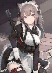 Rule 34 | 1girl, :&lt;, animal ear fluff, animal ears, apron, black dress, black ribbon, black thighhighs, braid, breasts, brown eyes, brown hair, closed mouth, commentary, dated, dress, dual-mode shotgun, frilled apron, frilled dress, frills, garter straps, gloves, gun, hair ribbon, highres, juliet sleeves, long hair, long sleeves, looking at viewer, maid, maid apron, maid headdress, mayogii, medium breasts, original, puffy sleeves, pump-action shotgun, pump action, ribbon, semi-automatic shotgun, shotgun, shotgun shell, signature, single braid, sleeves past wrists, solo, spas-12, symbol-only commentary, tail, thighhighs, weapon, weapon request, white apron, white gloves