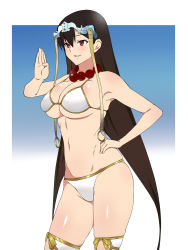 Rule 34 | 1girl, armpits, bikini, breasts, brown hair, cleavage, fate/grand order, fate (series), hair ornament, hand on own hip, highres, jewelry, kagemusha, large breasts, long hair, navel, necklace, smile, solo, swimsuit, thighhighs, xuangzang sanzang (fate)