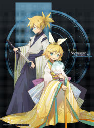 Rule 34 | 1boy, 1girl, adapted costume, anniversary, blonde hair, blue eyes, blue hakama, brother and sister, character name, commentary request, copyright name, gradient kimono, hair between eyes, hair ribbon, hakama, hakama skirt, head tilt, holding, holding sheath, holding sword, holding weapon, japanese clothes, kagamine len, kagamine rin, katana, kimono, long sleeves, looking at viewer, looking away, obi, open mouth, ponytail, profile, ribbon, round teeth, sash, shadowsinking, sheath, short kimono, siblings, skirt, sleeves past wrists, sword, teeth, twins, unsheathing, upper teeth only, vocaloid, weapon, white kimono, white ribbon, wide sleeves, yellow kimono